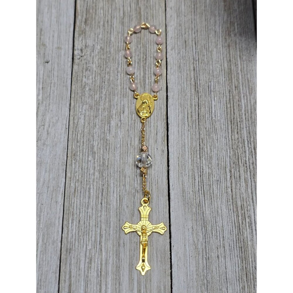 Rose Quartz Bead & Gold Colored Charms Mini Pocket Rosary Easter/Christmas Gift